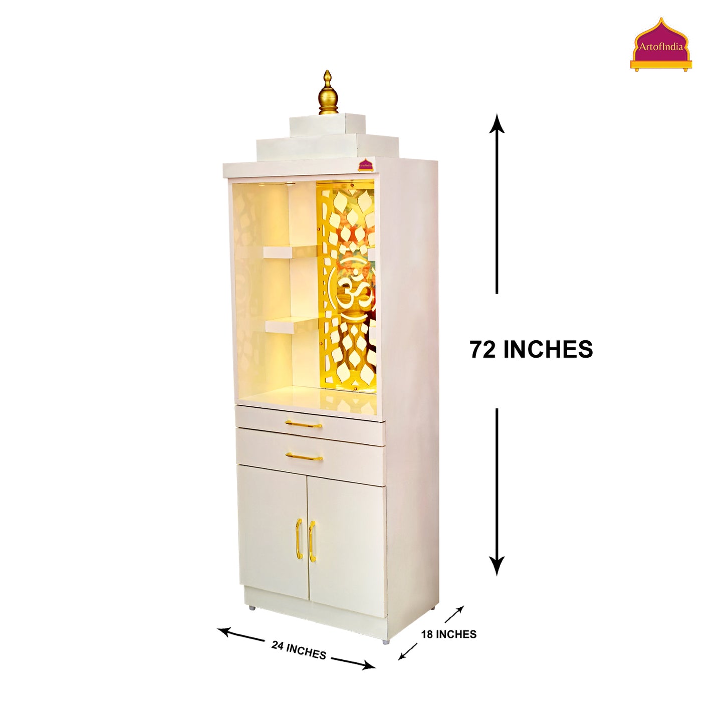 ARTOFINDIA White Wooden Pooja Mandir for Home/Temple for Office/Pooja Mandir with Om Golden Jali LED Warm White Light & 4 shelfs