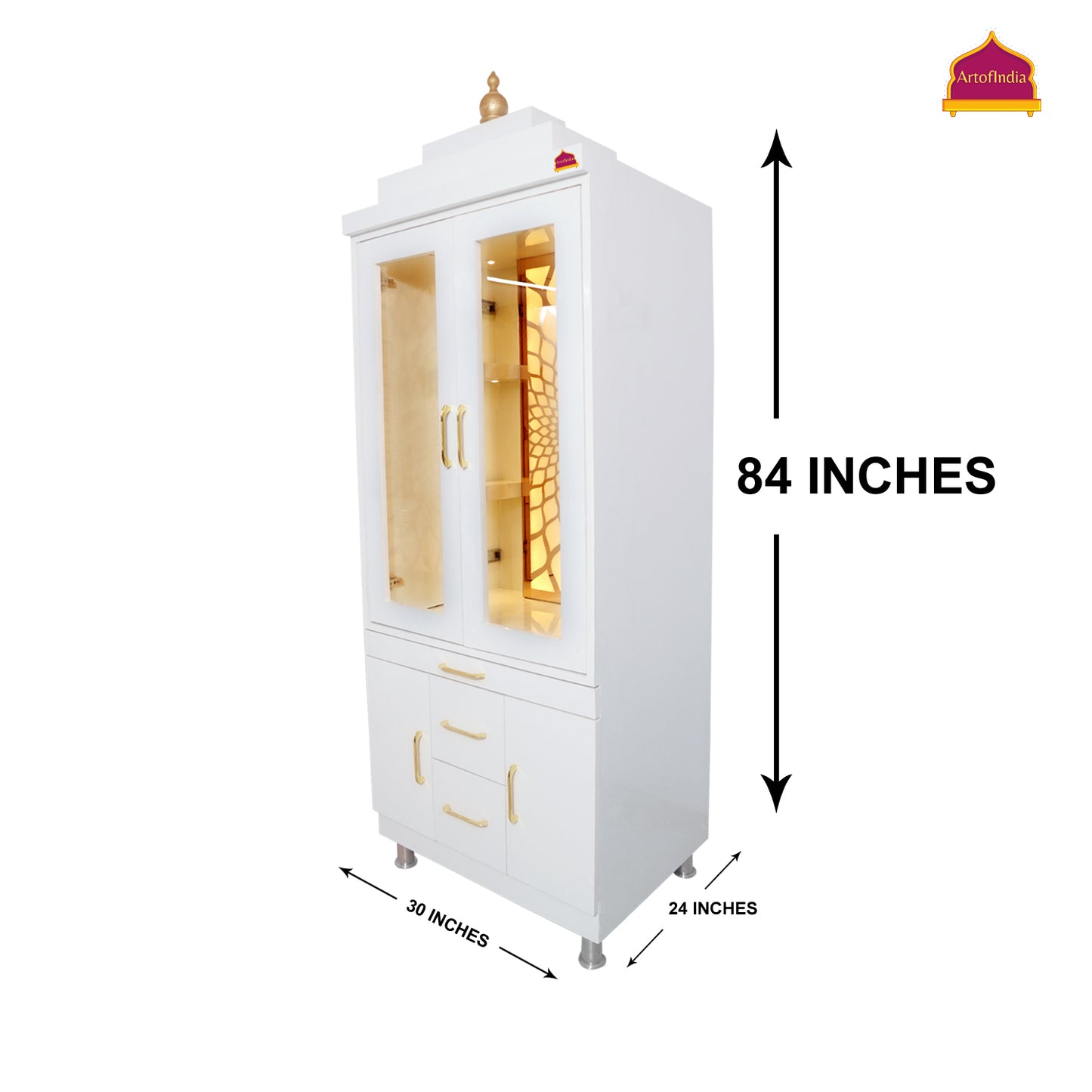 ARTOFINDIA/Elegant White Wooden Mandir With Designer Pocket Sliding Door For Home /Designer Temple