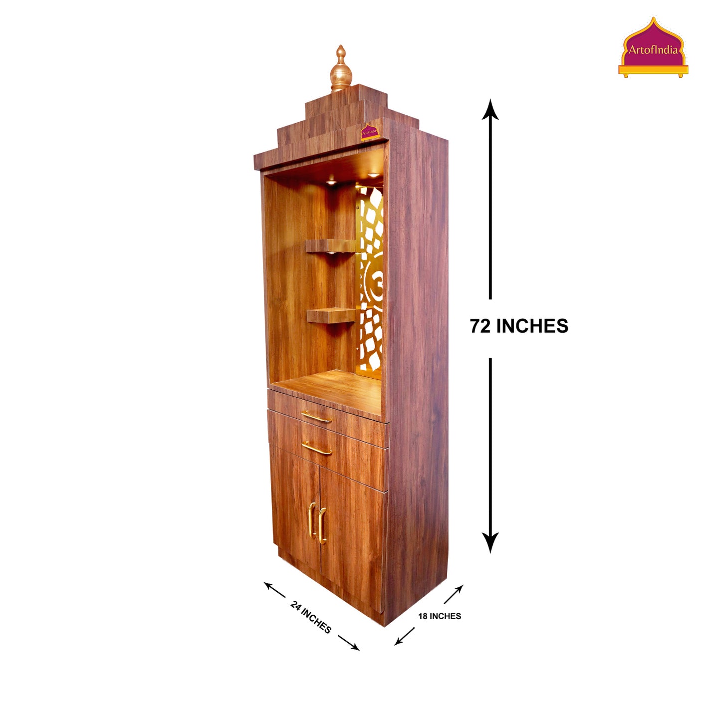 ARTOFINDIA Brown Wooden Pooja Mandir for Home/Temple for Office/Pooja Mandir with Om Golden Jali LED Warm White Light & 4 shelfs