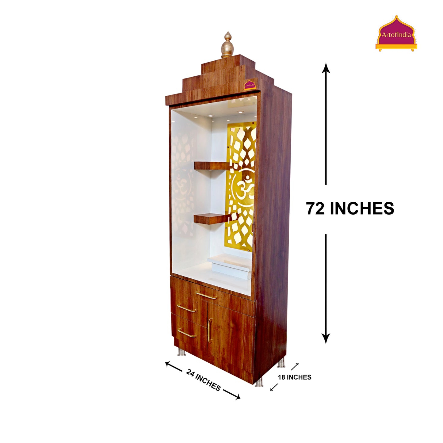 ARTOFINDIA Brown & White Wooden Pooja Mandir for Home/Temple for Home and Office/Pooja Mandir with Om LED Warm White Light & 4 shelfs