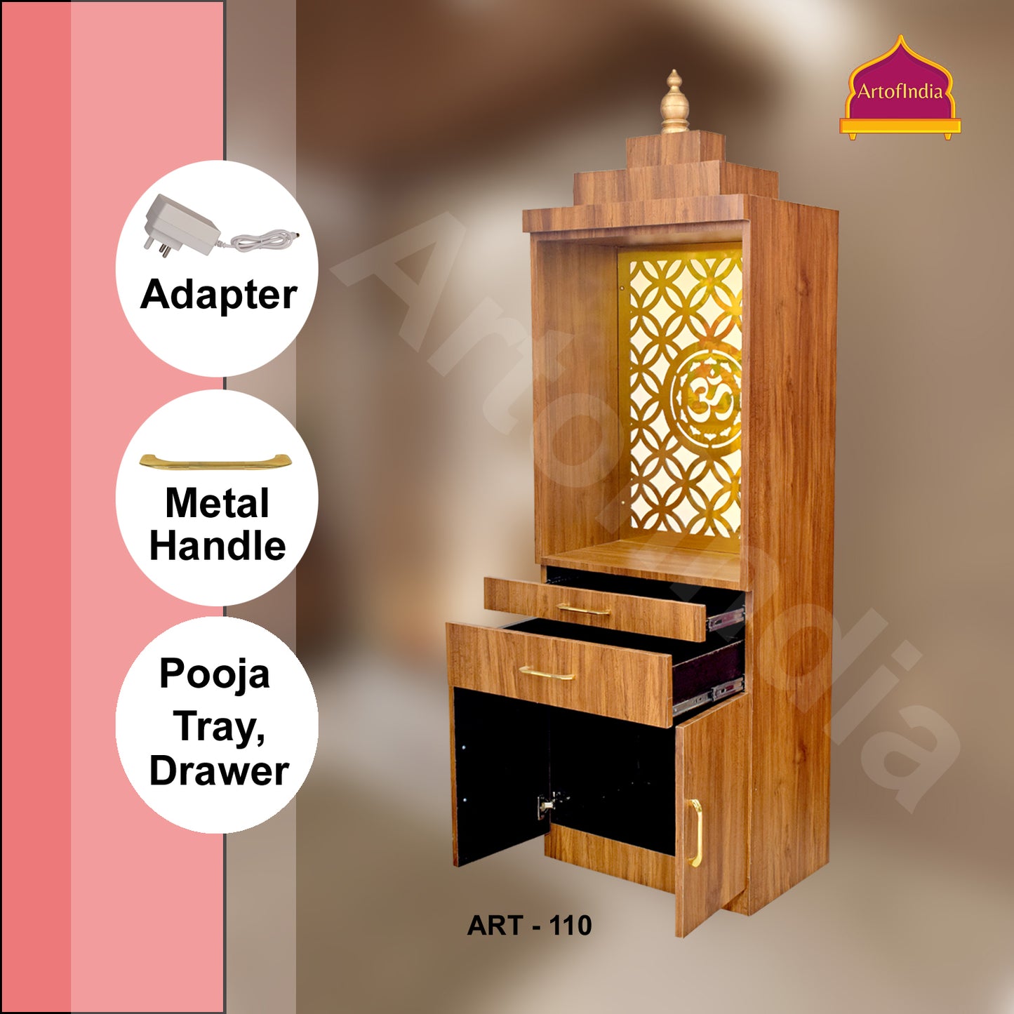 ARTOFINDIA Beautiful Wooden Pooja Mandir for Home/Temple for Home and Office/Pooja Mandir for Home and Office with Om LED Warm White Light