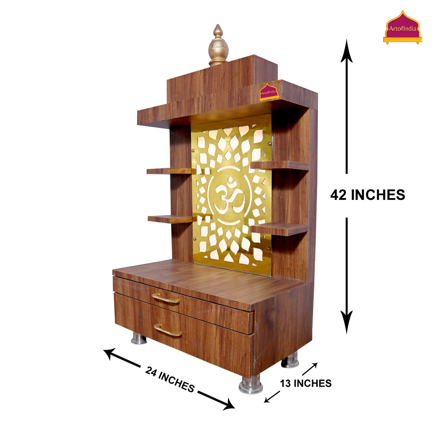 ARTOFINDIA Designer Wooden Temple Brown, Decorative Wooden Mandir with Beautifull Lights