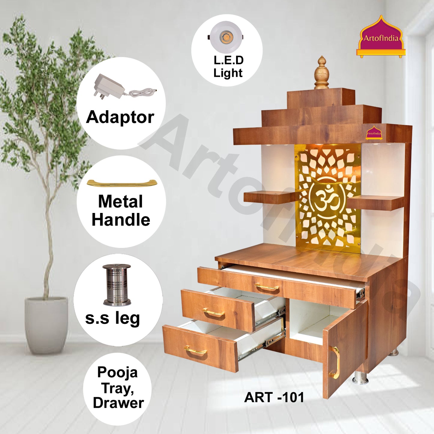 ARTOFINDIA Designer Wooden Temple, Wooden Mandir for Home, Floor Mounted Mandir with Lights