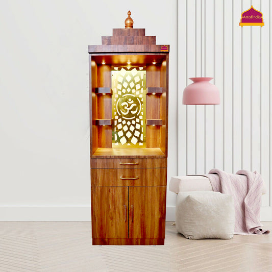 ARTOFINDIA Brown Wooden Pooja Mandir for Home/Temple for Office/Pooja Mandir with Om Golden Jali LED Warm White Light & 4 shelfs