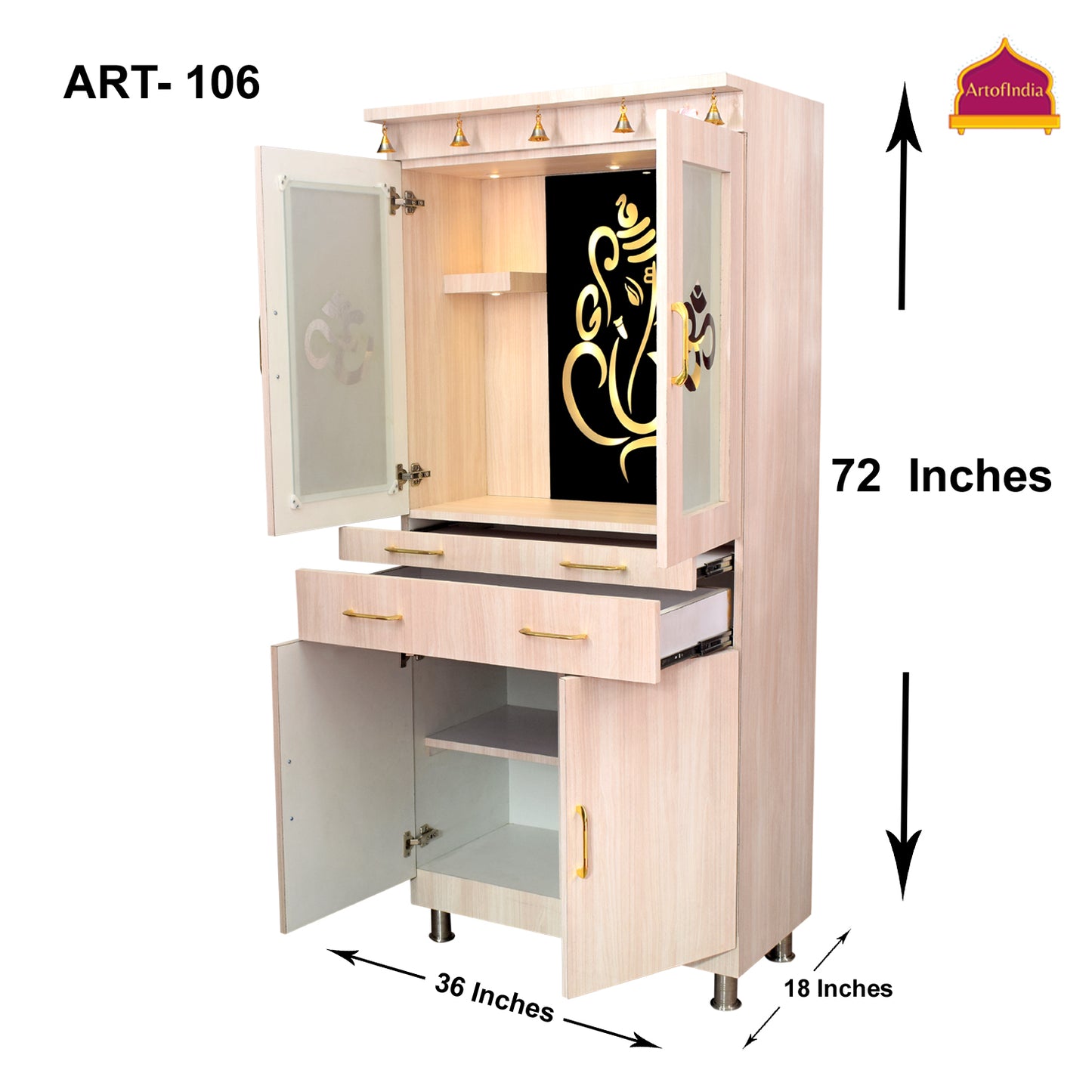 ARTOFINDIA Wooden Beautiful Glass Door Temple with Ganesha Glass Glow with Warm White Light Fully Assembled 3 Shelf to Place God Idols