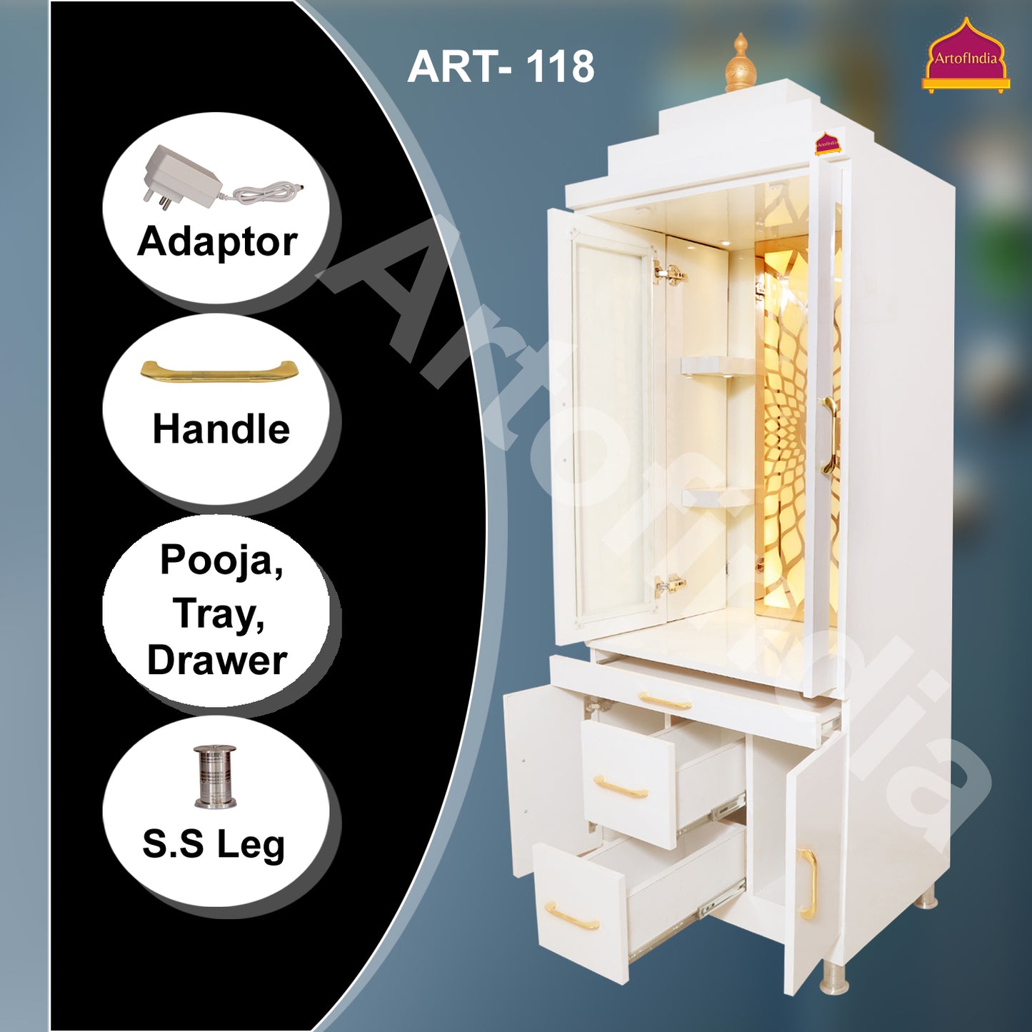 ARTOFINDIA/Elegant White Wooden Mandir With Designer Pocket Sliding Door For Home /Designer Temple