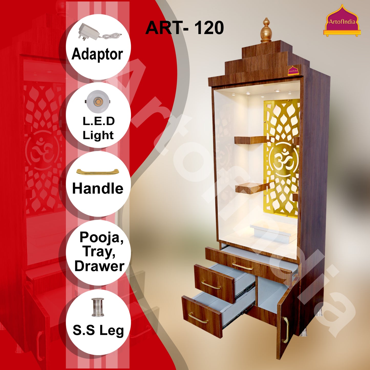 ARTOFINDIA Brown & White Wooden Pooja Mandir for Home/Temple for Home and Office/Pooja Mandir with Om LED Warm White Light & 4 shelfs