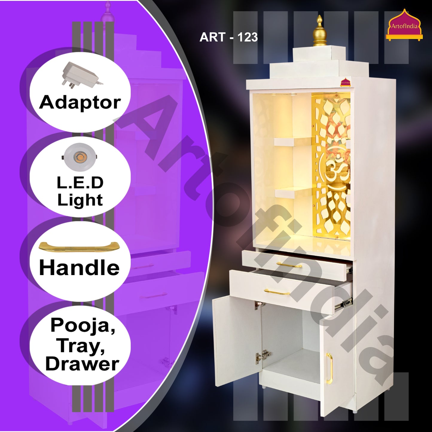 ARTOFINDIA White Wooden Pooja Mandir for Home/Temple for Office/Pooja Mandir with Om Golden Jali LED Warm White Light & 4 shelfs