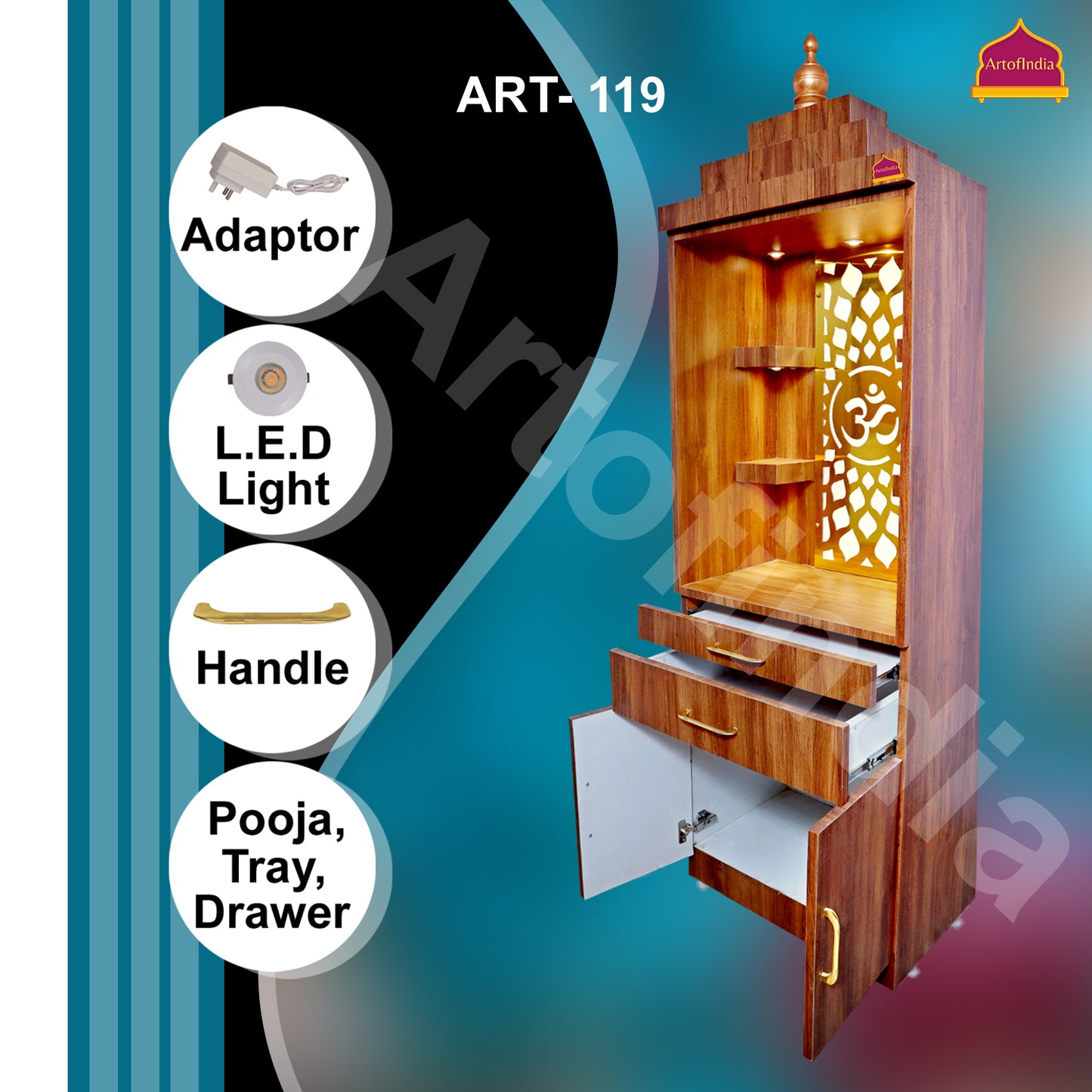 ARTOFINDIA Brown Wooden Pooja Mandir for Home/Temple for Office/Pooja Mandir with Om Golden Jali LED Warm White Light & 4 shelfs