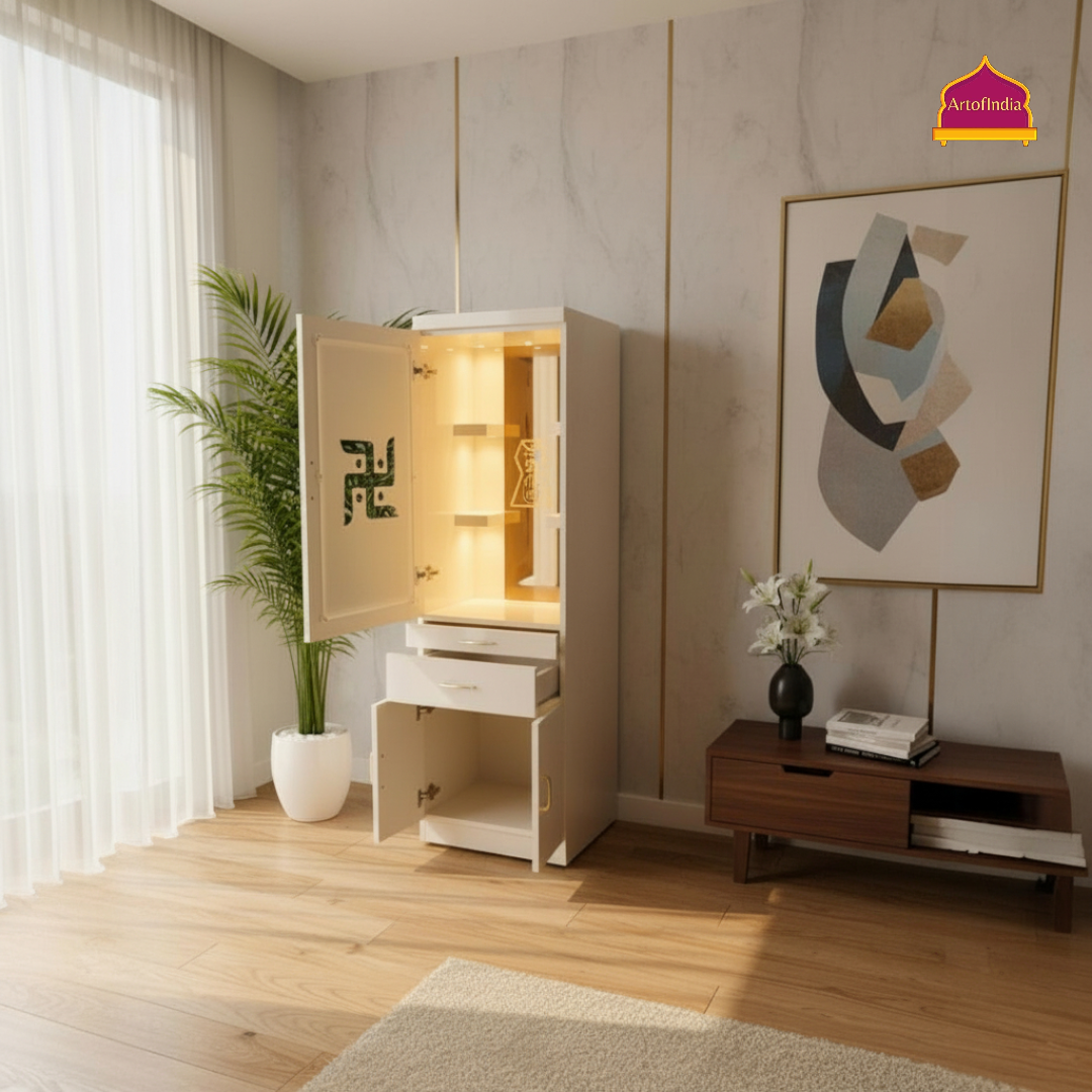 ARTOFINDIA White Wooden Pooja Mandir With Jain Glass And Doors  With  Drawers Included Tray