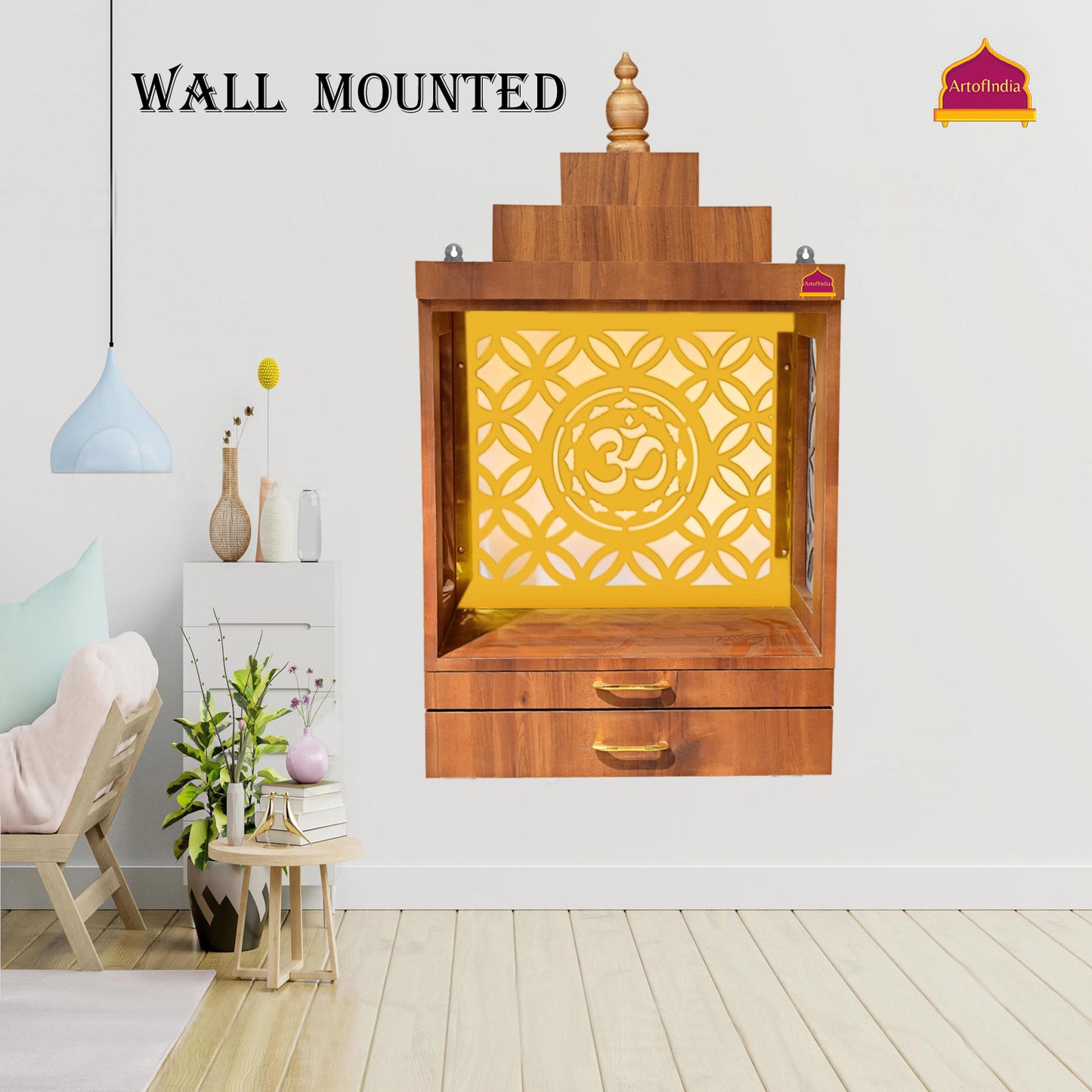 ARTOFINDIA Wooden Temple, Wooden Mandir for Home, Decorative Wooden Mandir with Lights