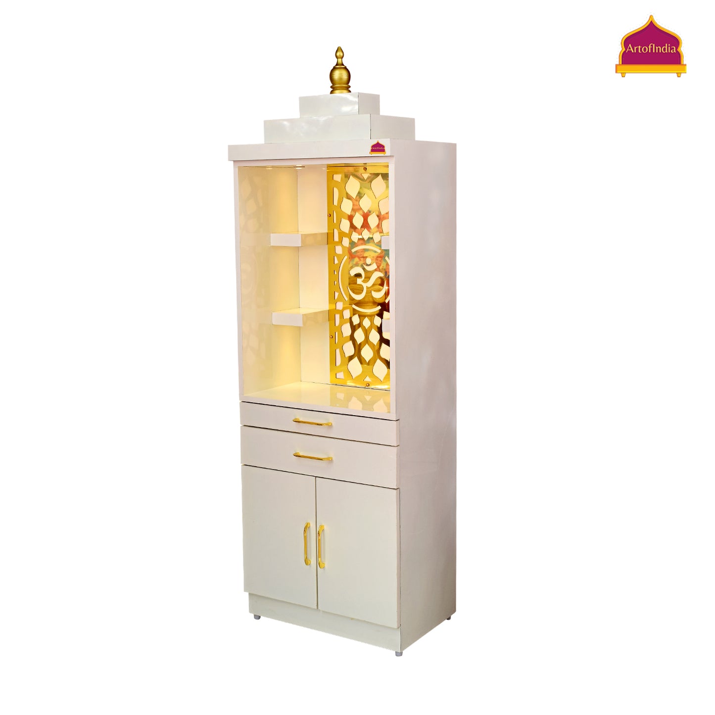 ARTOFINDIA White Wooden Pooja Mandir for Home/Temple for Office/Pooja Mandir with Om Golden Jali LED Warm White Light & 4 shelfs