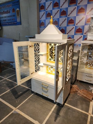ARTOFINDIA Elegant White Wooden Mandir With (OM) With Glass Doors & 5 Shelfs For Home / Designer Temple