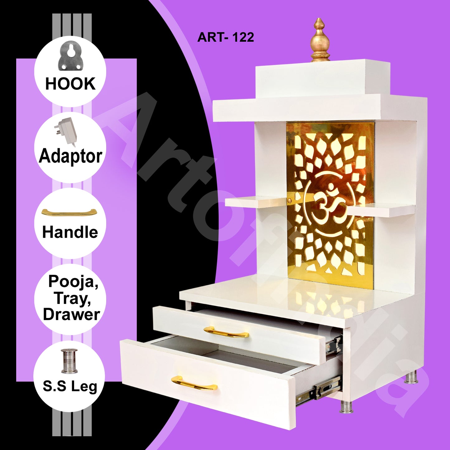 ARTOFINDIA Designer White Wooden Temple, Mandir for Home & Office,Designer Wooden Mandir with Lights Wall Hanging & Floor Mount