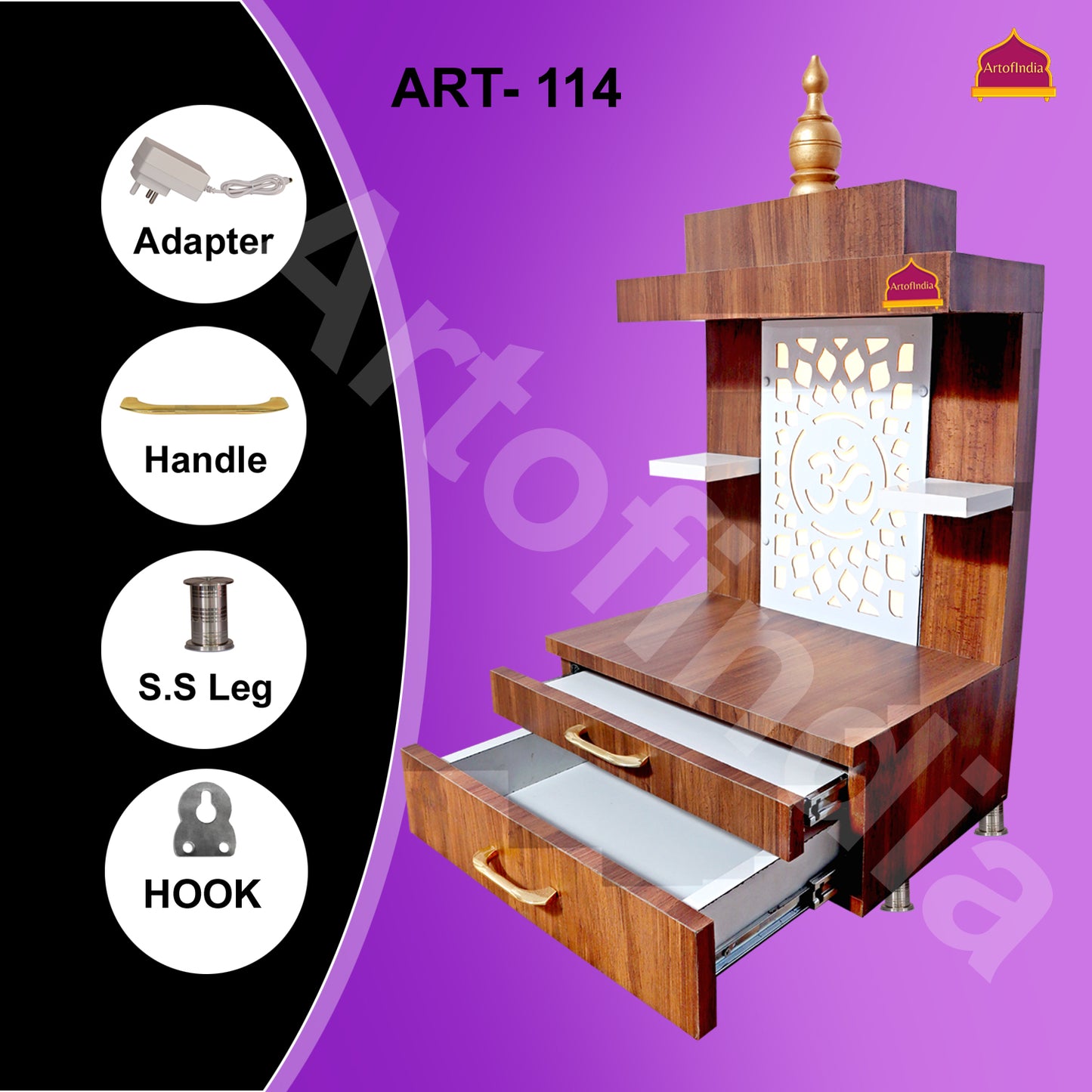 ARTOFINDIA Designer Wooden Temple, Mandir for Home & Office, Decorative Wooden Mandir with Lights