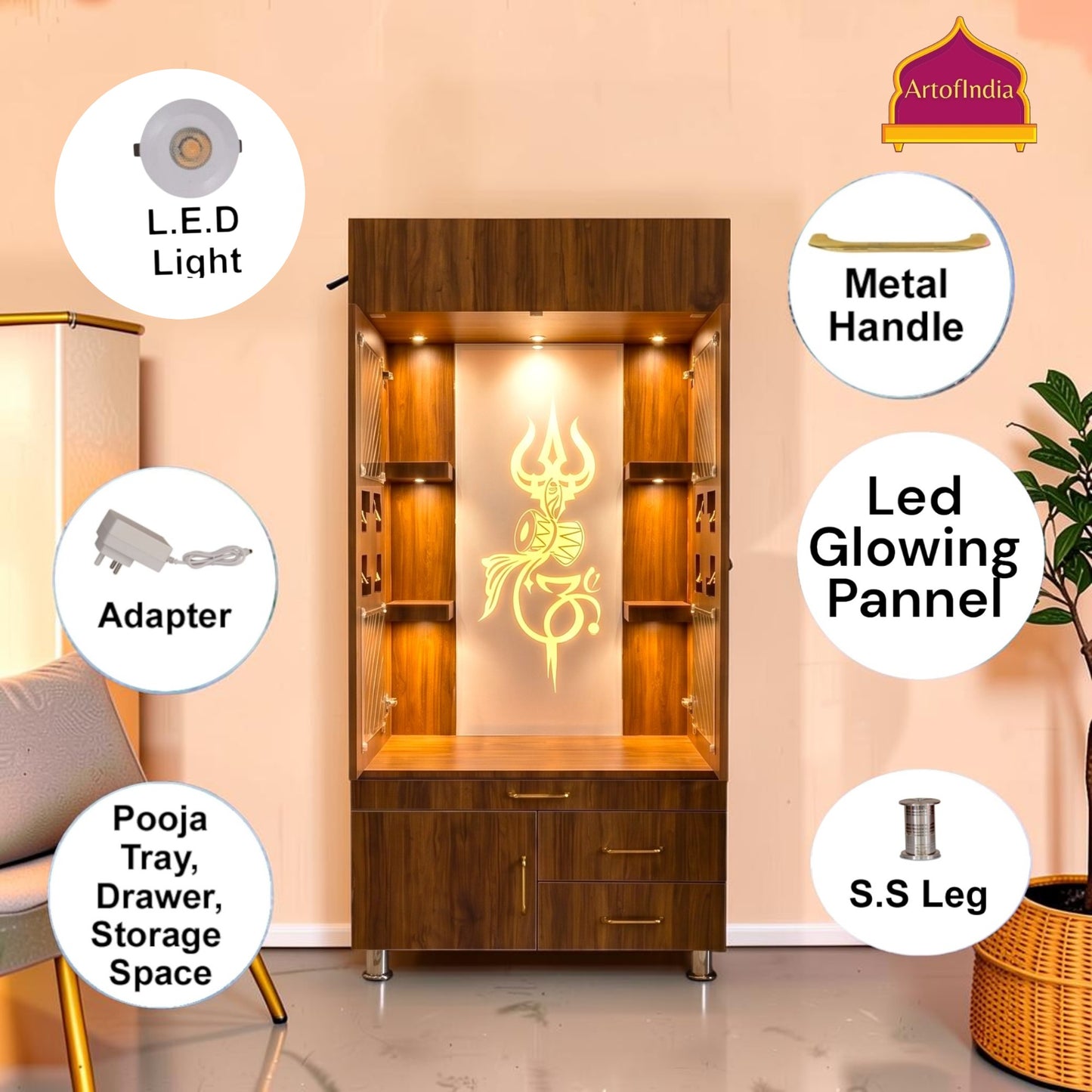 ARTOFINDIA Brown Wooden Pooja Mandir With Trishul  Glass  and  flueted  Glass Door & and Drawers Included Tray