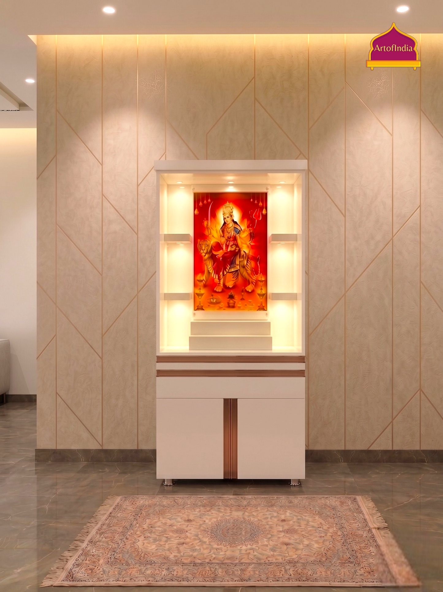 ARTOFINDIA White Wooden Pooja Mandir  With Mata JI  Colour Corian With Drawers Including Tray