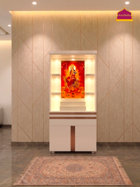 ARTOFINDIA White Wooden Pooja Mandir  With Mata JI  Colour Corian With Drawers Including Tray
