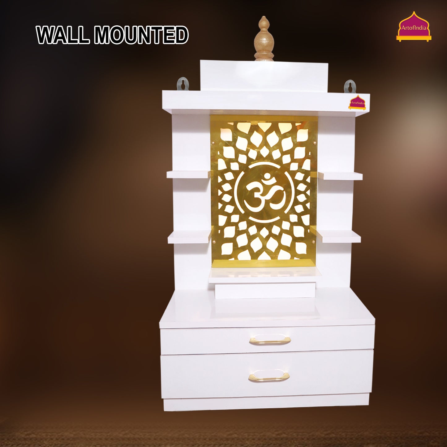 ARTOFINDIA Designer Wooden Mandir, Decorative Wooden Mandir with Lights & Shelfs