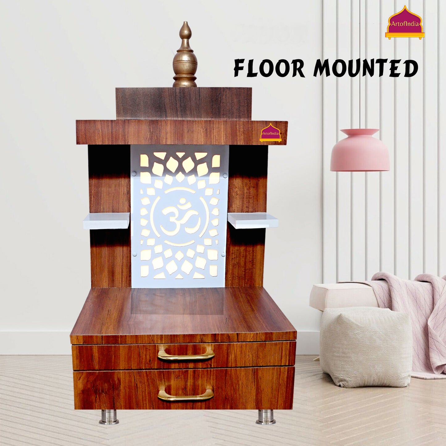 ARTOFINDIA Designer Wooden Temple, Mandir for Home & Office, Decorative Wooden Mandir with Lights