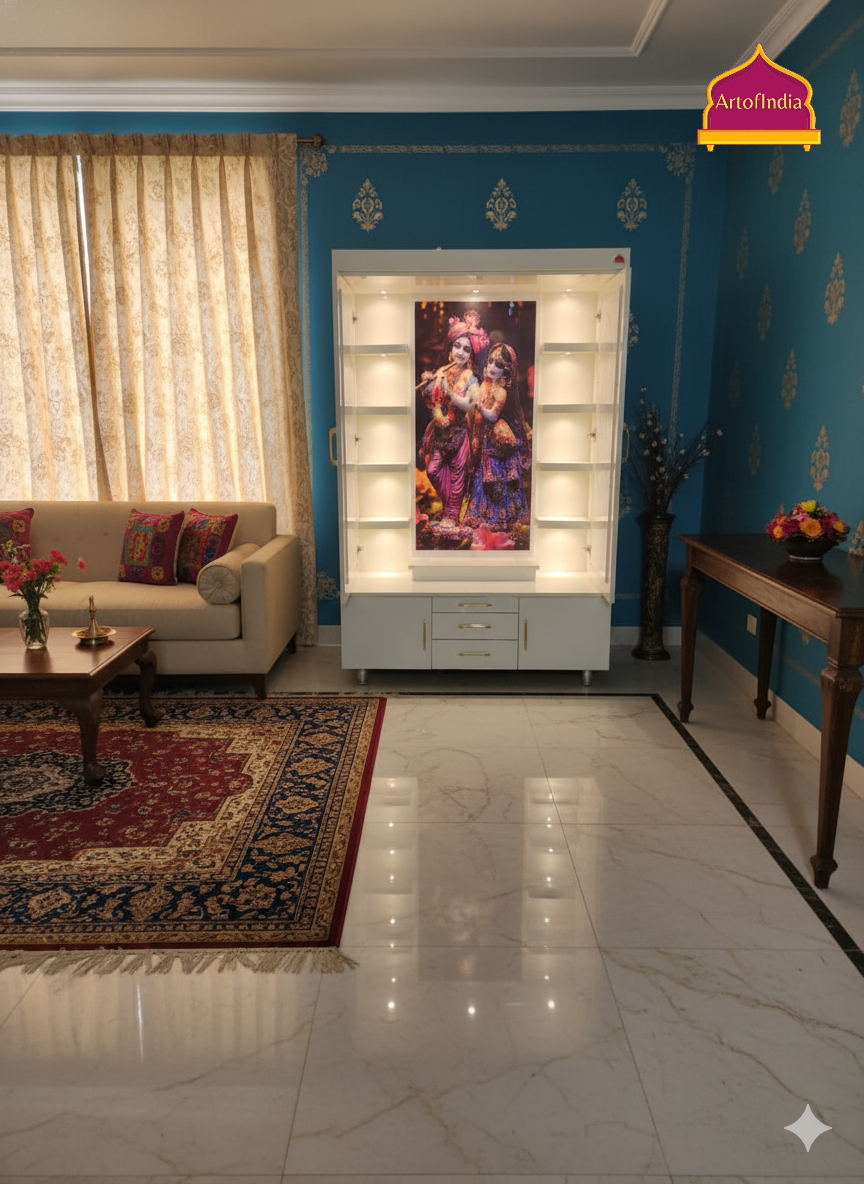 ARTOFINDIA White Corean Pooja Mandir With  Krishna ji Design & Door and Drawers Included Tray