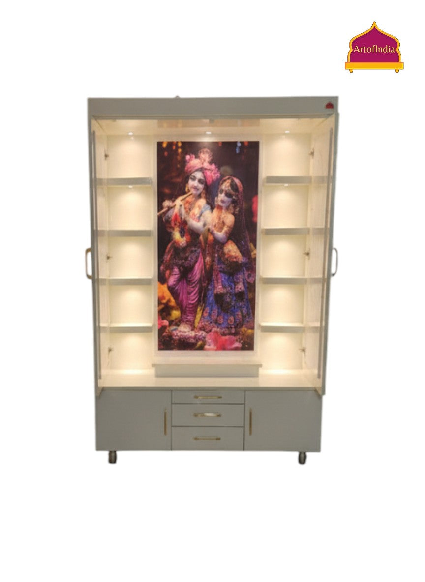 ARTOFINDIA White Corean Pooja Mandir With  Krishna ji Design & Door and Drawers Included Tray
