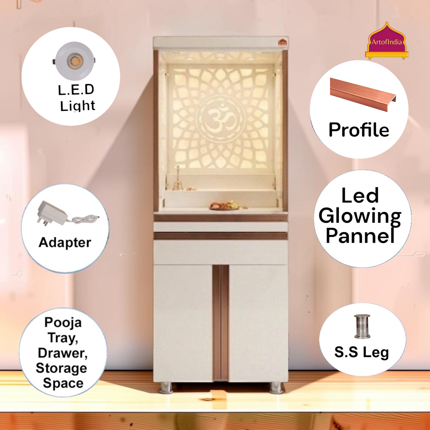 ARTOFINDIA White Wooden Pooja Mandir  With Om Acrlyic Design,Om  Design  with profile & shelfs  and drawers & tray
