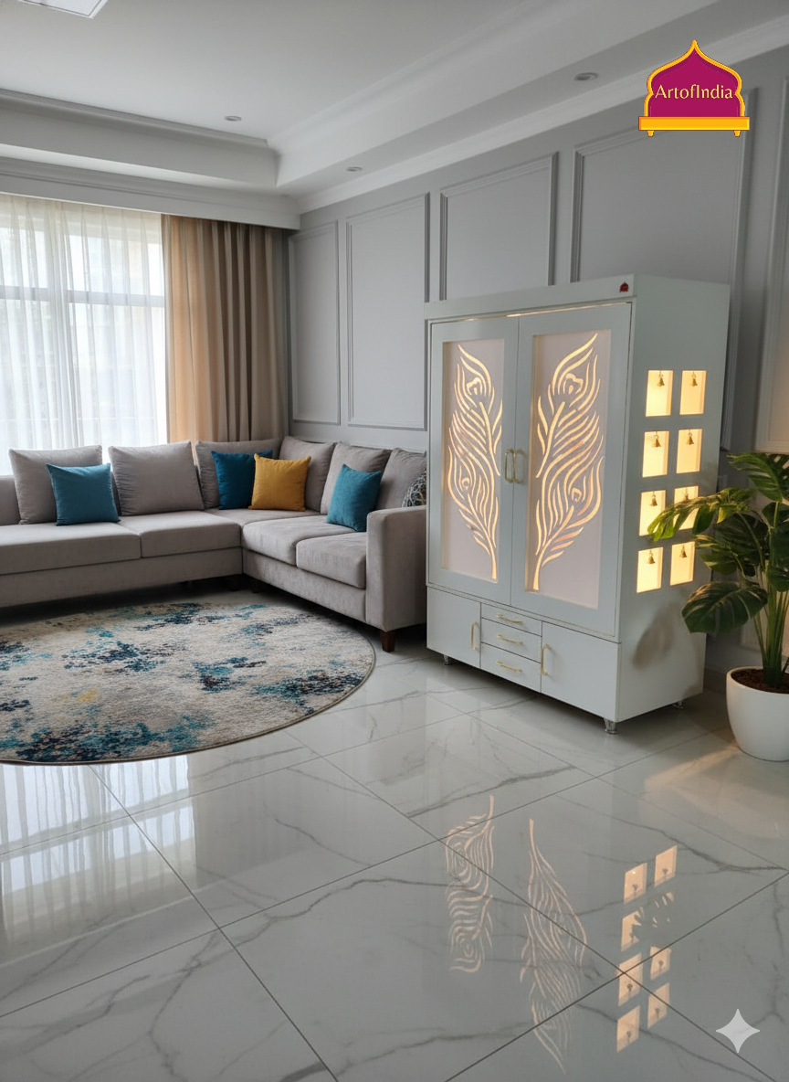 ARTOFINDIA White Corean Pooja Mandir With  Krishna ji Design & Door and Drawers Included Tray