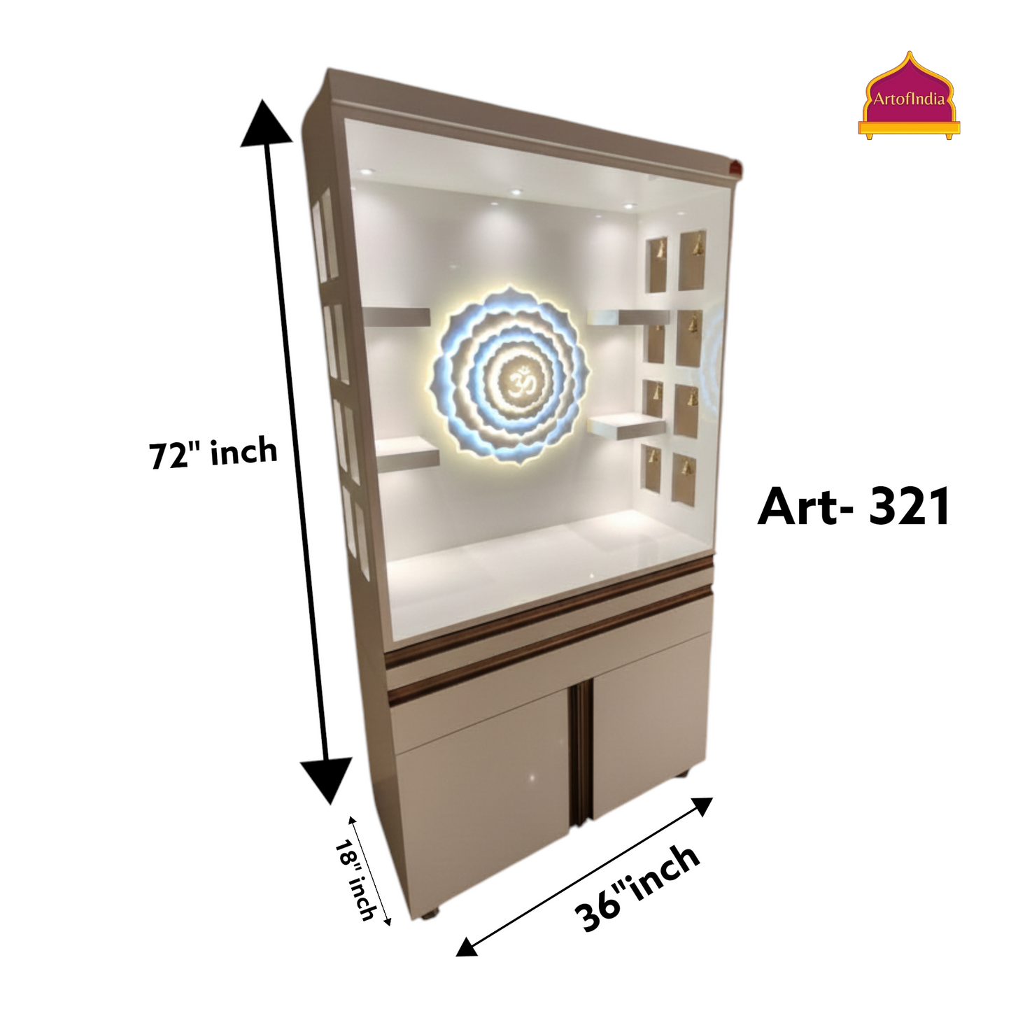 ARTOFINDIA White Wooden Pooja Mandir With Om Design  With  Drawers Included Tray