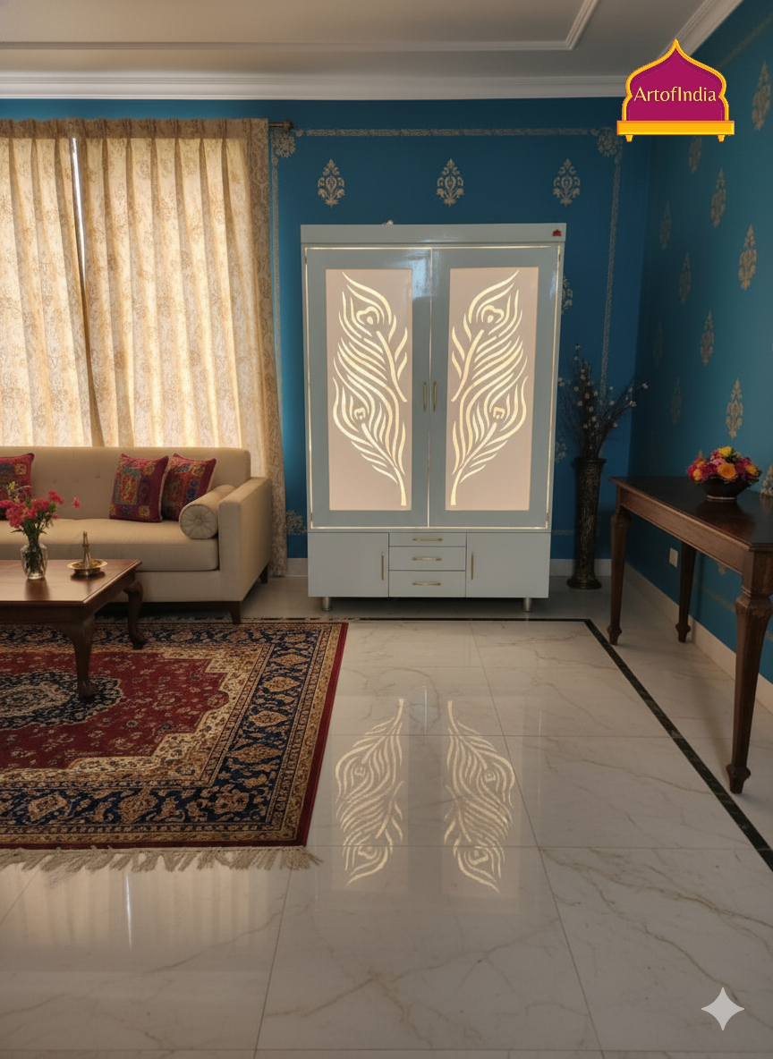 ARTOFINDIA White Corean Pooja Mandir With  Krishna ji Design & Door and Drawers Included Tray