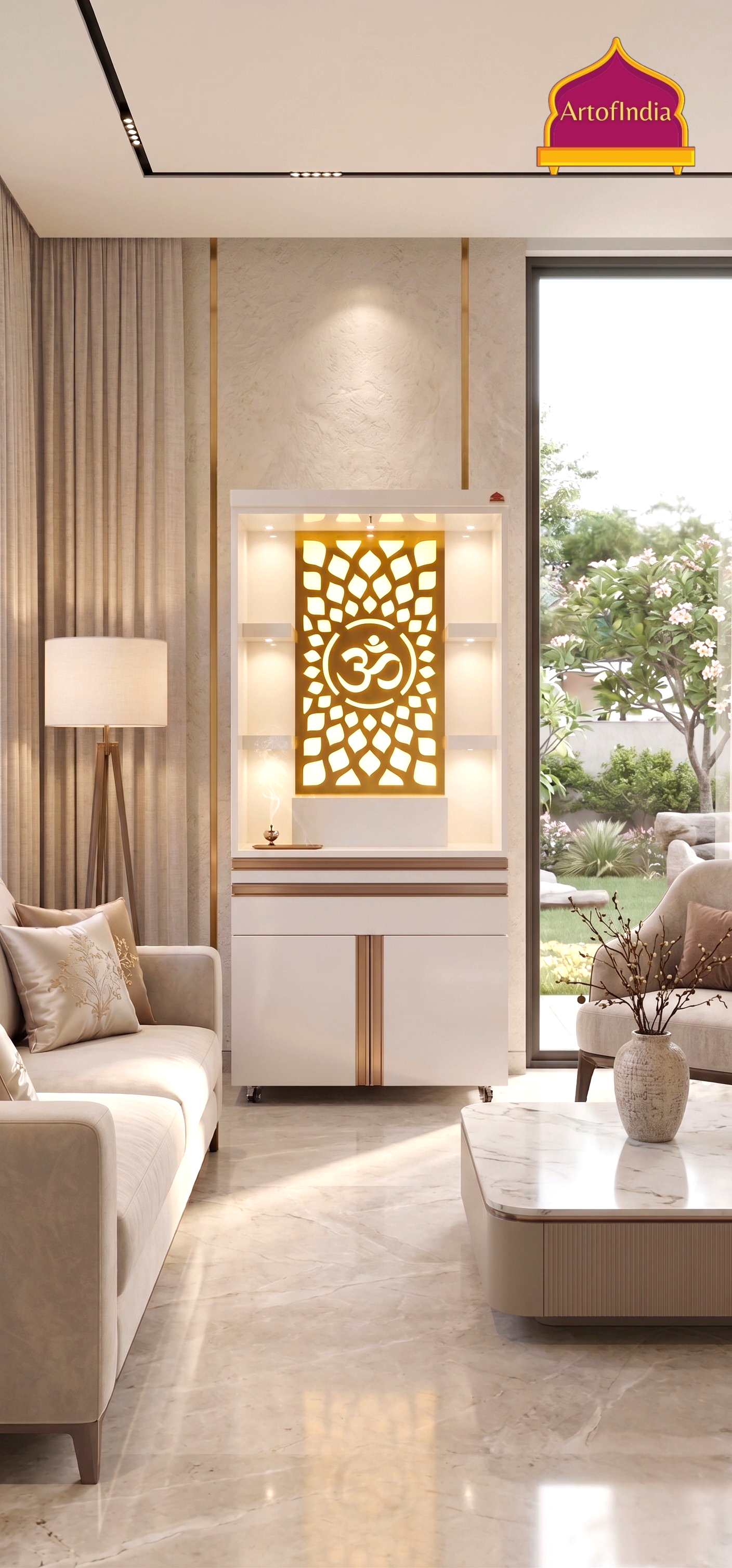 ARTOFINDIA/Gorgeous White Designer Wooden Mandir With (Front) Om Jali & Profile For Home/Designer Temple