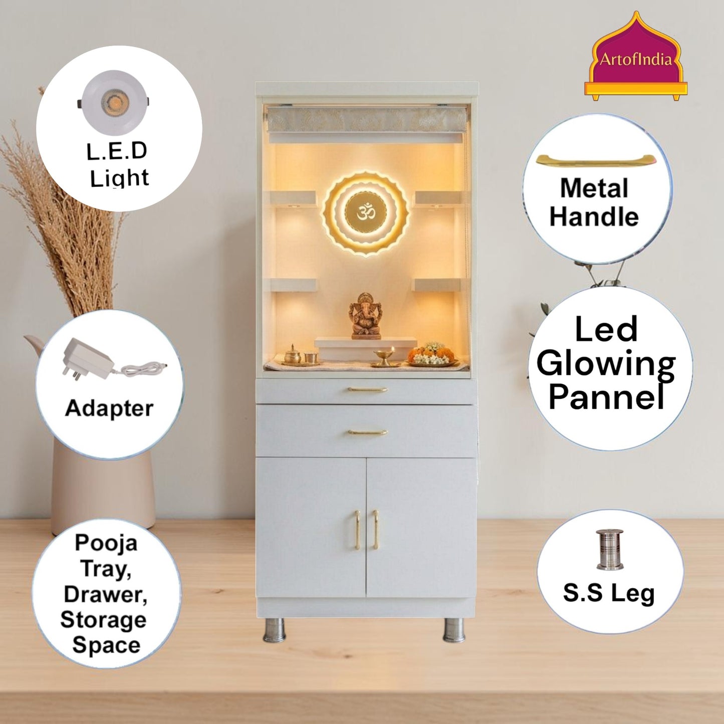 ARTOFINDIA White Wooden Pooja Mandir With Om Gola With Blind  And Drawers Included Tray