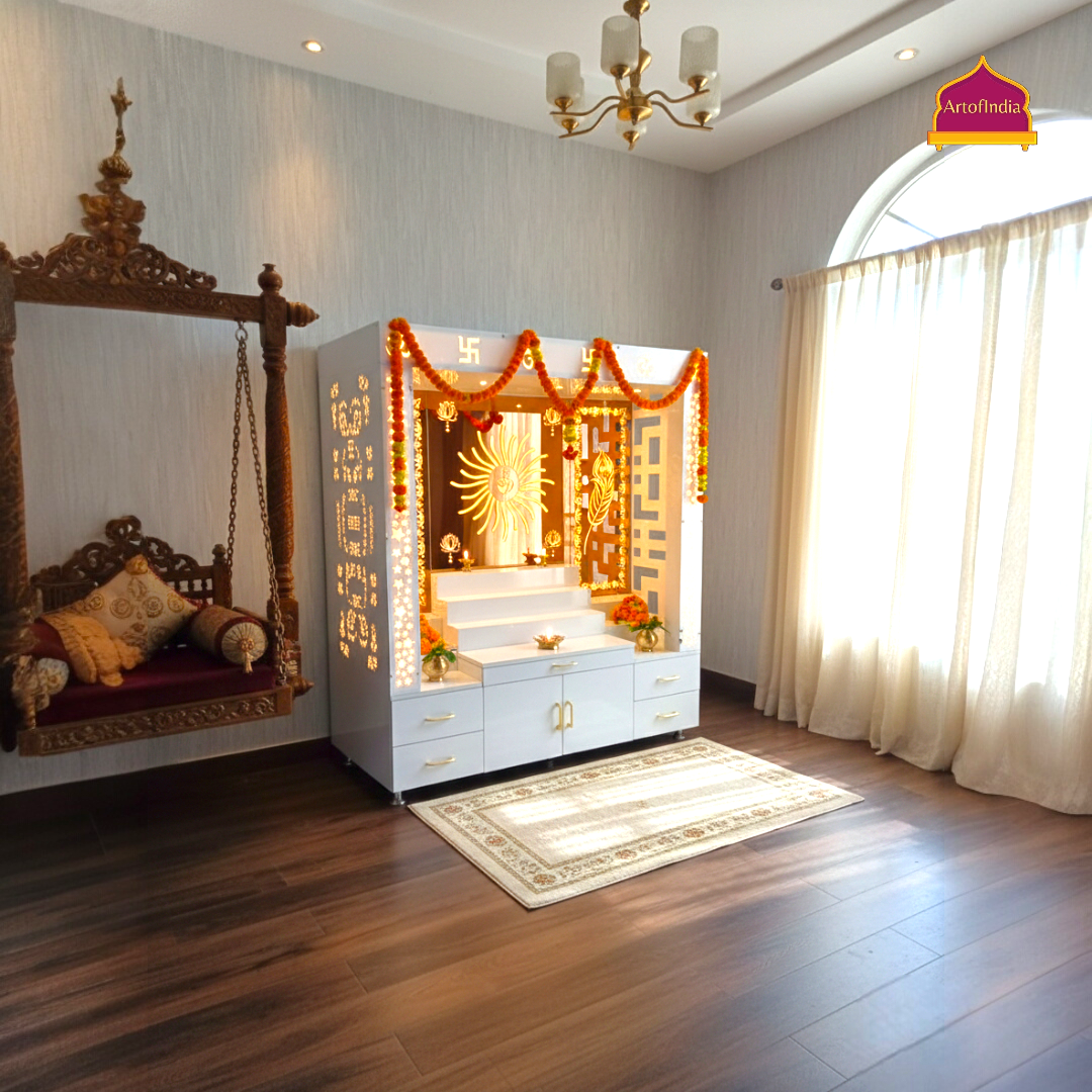 ARTOFINDIA White Wooden Pooja Mandir With Om Design Glass With  Drawers Included Tray