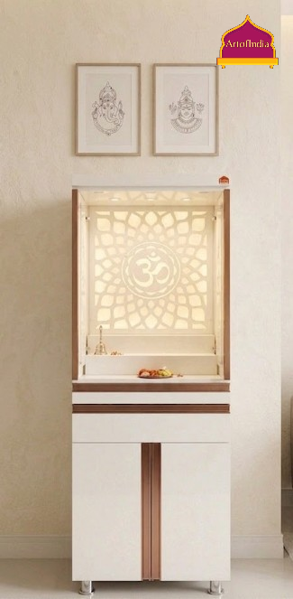 ARTOFINDIA White Wooden Pooja Mandir  With Om Acrlyic Design,Om  Design  with profile & shelfs  and drawers & tray