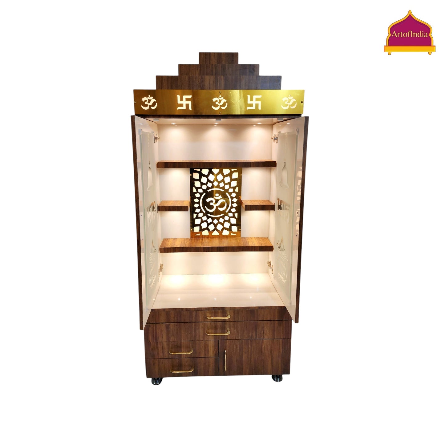 ARTOFINDIA BrownWooden Pooja Mandir  With glass door  & Gumbad  ,shelfs  and drawers & tray