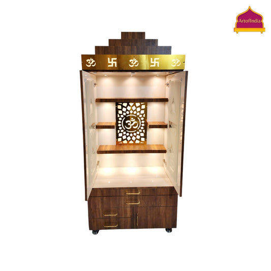 ARTOFINDIA BrownWooden Pooja Mandir  With glass door  & Gumbad  ,shelfs  and drawers & tray
