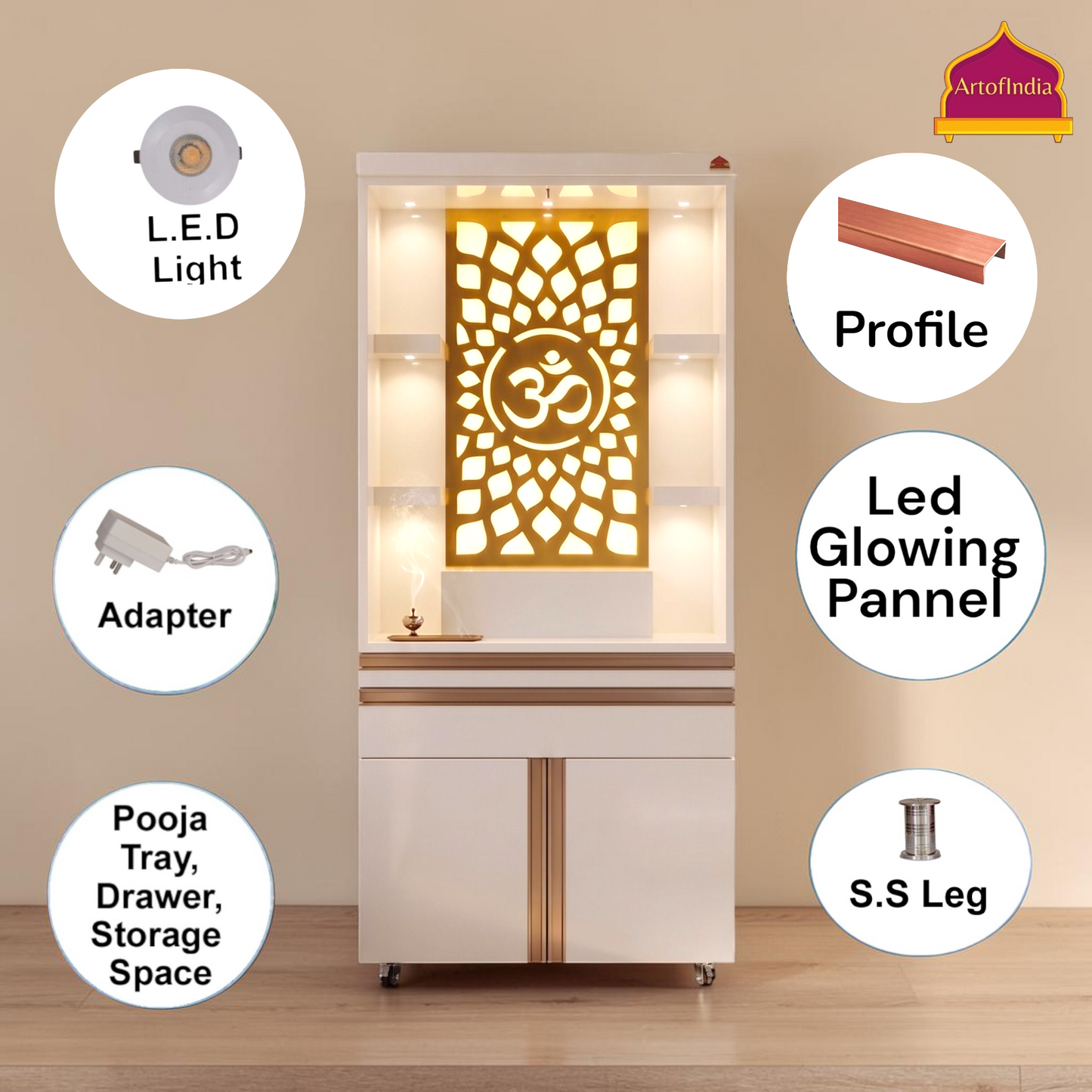 ARTOFINDIA/Gorgeous White Designer Wooden Mandir With (Front) Om Jali & Profile For Home/Designer Temple
