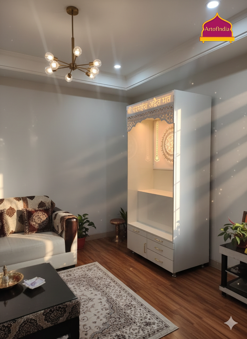 ARTOFINDIA White Wooden Pooja Mandir With Om Design & Step and Drawers Included Tray