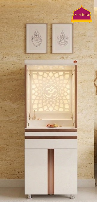 ARTOFINDIA White Wooden Pooja Mandir  With Om Acrlyic Design,Om  Design  with profile & shelfs  and drawers & tray