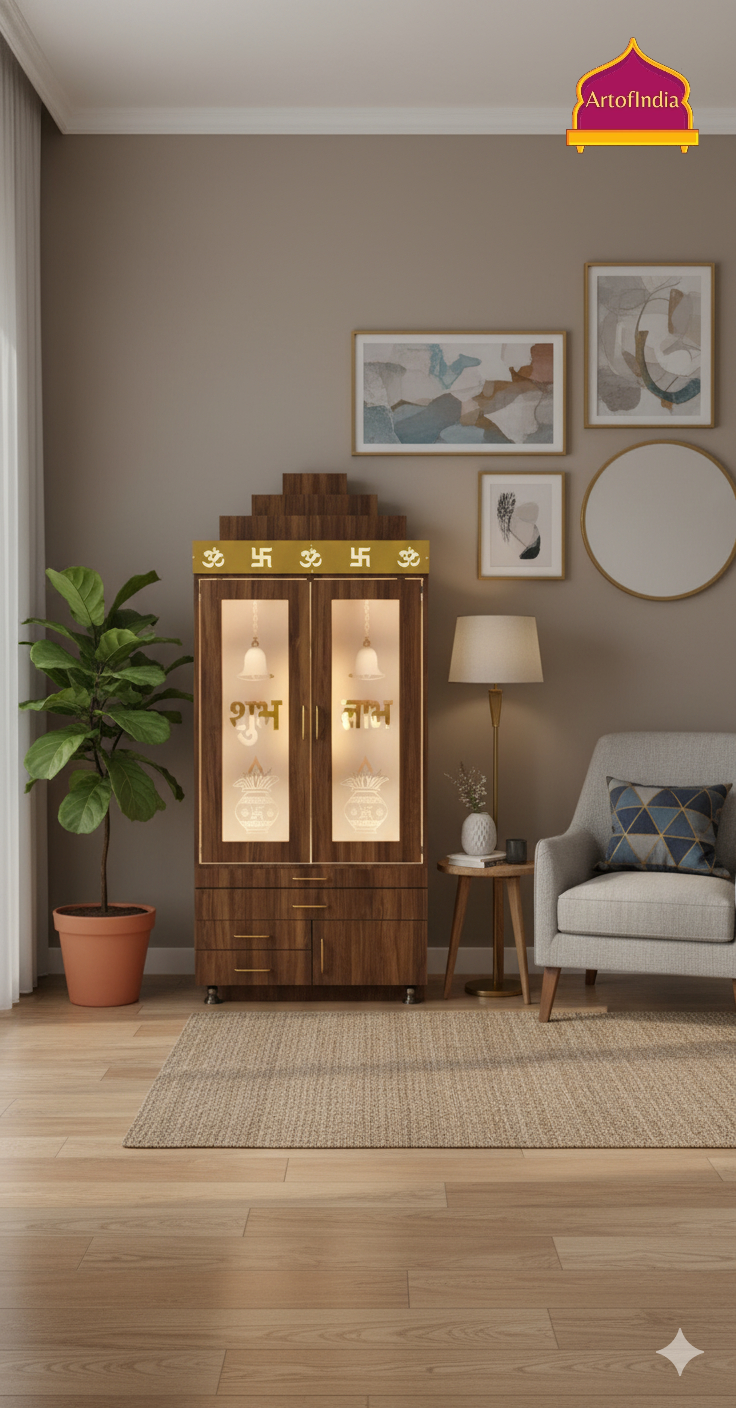 ARTOFINDIA BrownWooden Pooja Mandir  With glass door  & Gumbad  ,shelfs  and drawers & tray