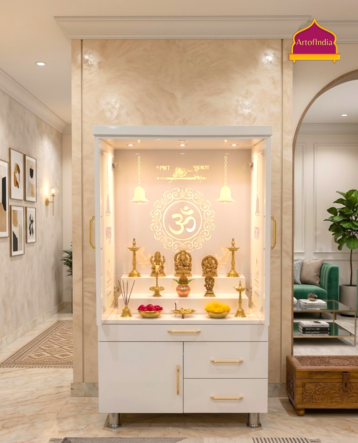 ARTOFINDIA White  Wooden Pooja Mandir  With Om Full Glass With P. Doors And Drawers Including Tray