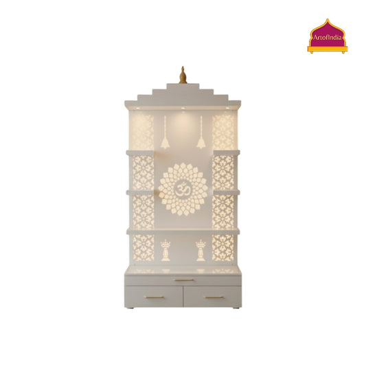 ARTOFINDIA White  Wooden Pooja Mandir With Om Acralyic Design Glass With  Drawers Included Tray