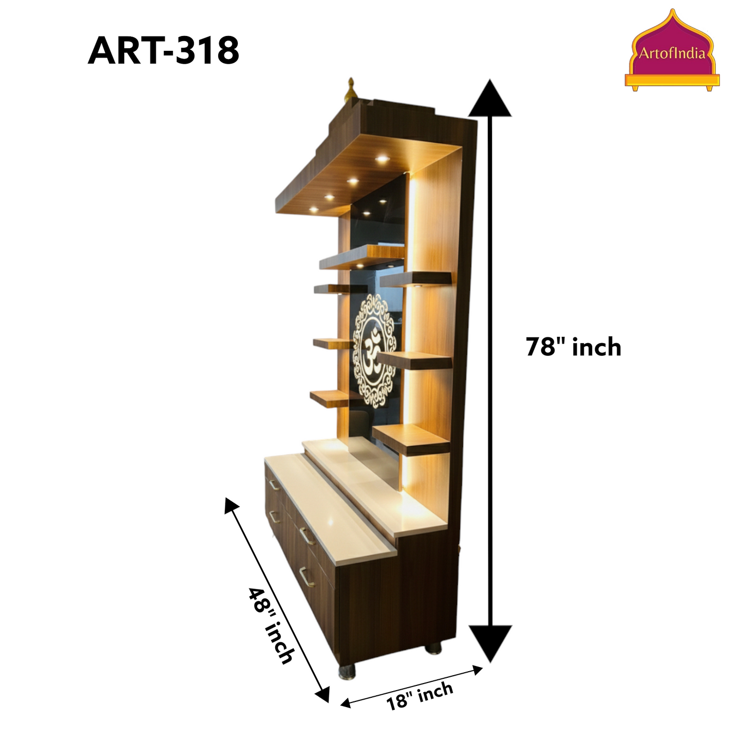 ARTOFINDIA Brown Wooden Pooja Mandir With Om Design Glass With  Drawers Included Tray