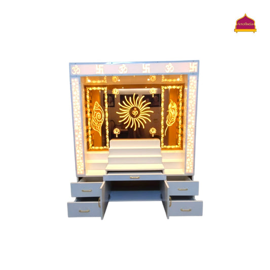 ARTOFINDIA White Wooden Pooja Mandir With Om Design Glass With  Drawers Included Tray