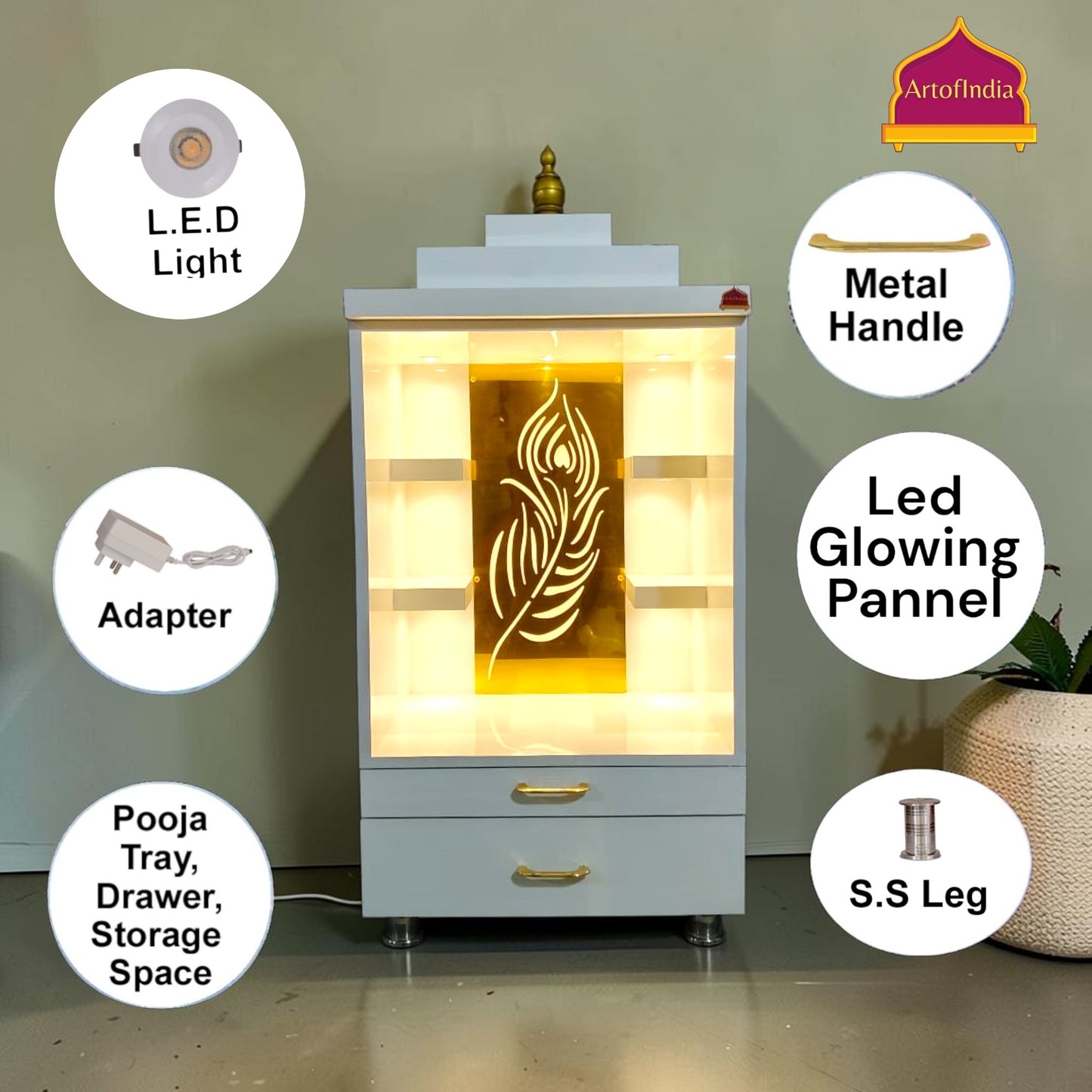 ARTOFINDIA/Elegant White Wooden Mandir With Shelfs And Mor Pankh Jali  For Home /Designer Temple