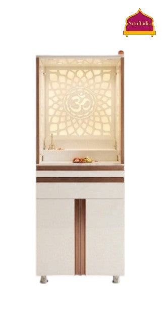 ARTOFINDIA White Wooden Pooja Mandir  With Om Acrlyic Design,Om  Design  with profile & shelfs  and drawers & tray