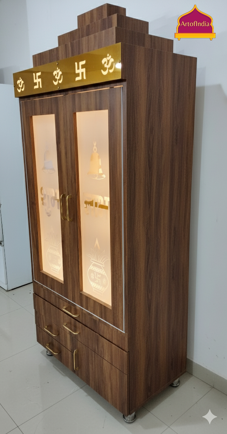 ARTOFINDIA BrownWooden Pooja Mandir  With glass door  & Gumbad  ,shelfs  and drawers & tray