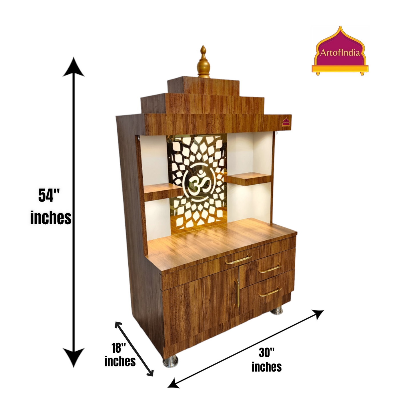 ARTOFINDIA/ Beautiful Brown Designer Wooden Mandir With Shelfs For Home/ Designer Temple