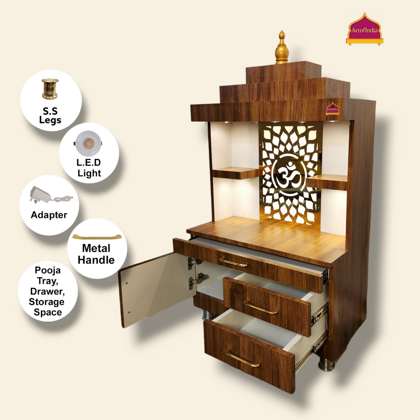 ARTOFINDIA/ Beautiful Brown Designer Wooden Mandir With Shelfs For Home/ Designer Temple