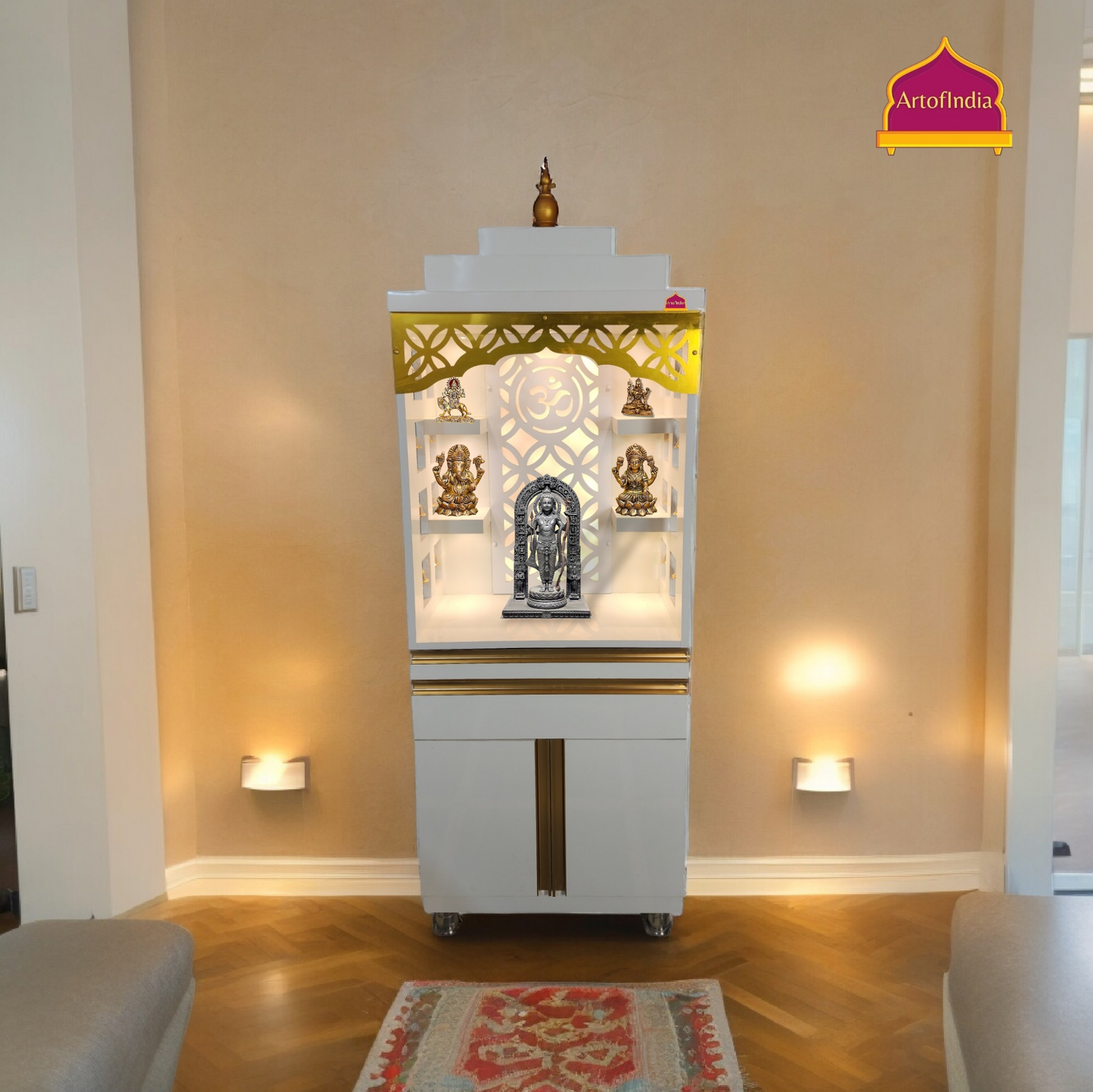 ARTOFINDIA/Gorgeous White Designer Wooden Mandir With (Front) Jali & Side Bells For Home/Designer Temple